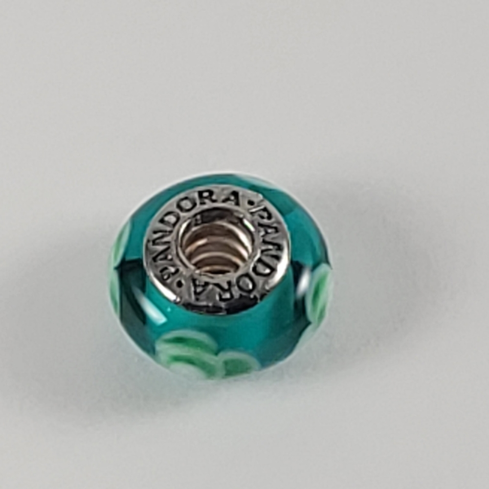 Pandora Silver Teal Flower Murano Glass Bead - Picture 5 of 7